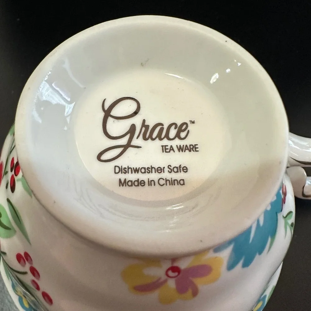Grace Teaware Floral Teacup Saucer Set Gold Trim Vintage Style Bone China